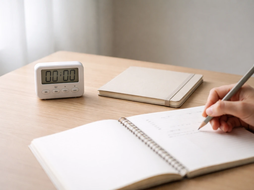 Chronomètre et carnet sur une table, avec un mini-exercice déjà commencé pour illustrer une routine régulière.