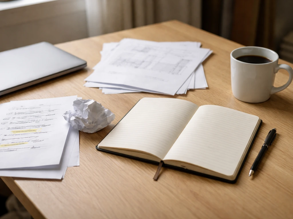 Bureau lumineux avec feuilles de projet partiellement abandonnées, listes rayées et surlignées, tasse de café.