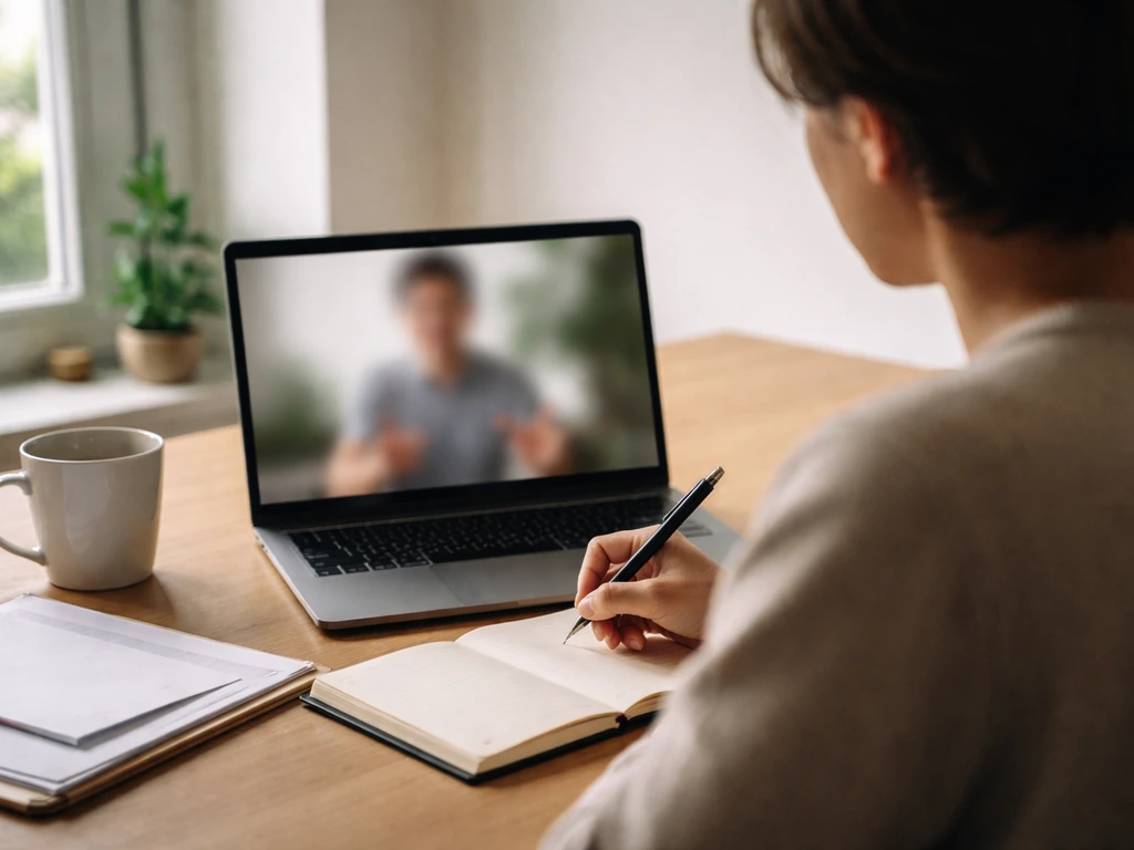 Une personne prend des notes pendant une visioconférence, ambiance de mentorat et retours personnalisés.