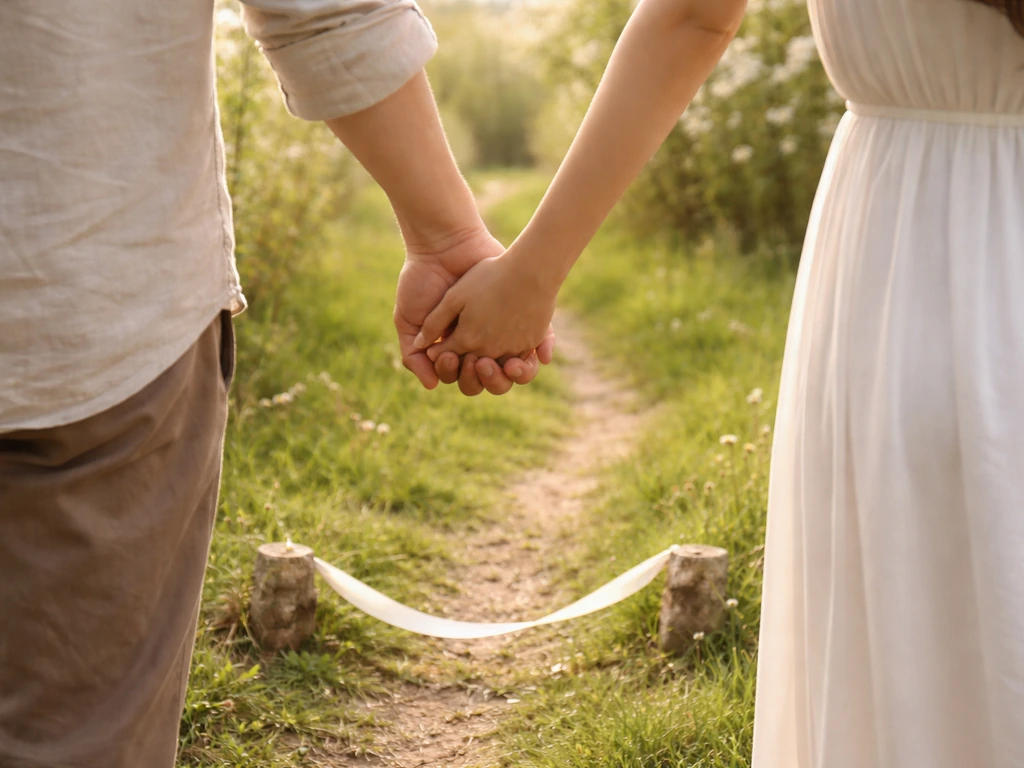 Mains jointes d’un couple anonyme et ruban reliant deux jalons dans l’herbe, symbole de fiancés en herbe.
