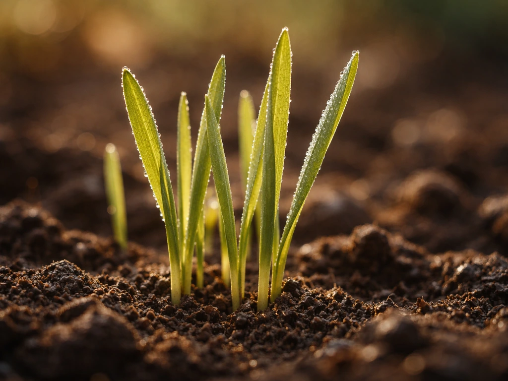 Jeune pousse de blé en herbe, vue en gros plan, évoquant la croissance avant maturité.