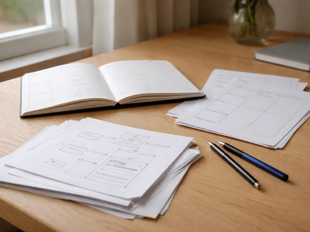 Table de travail avec agenda ouvert, stylos et documents, ambiance calme pour transformer une idée en projet