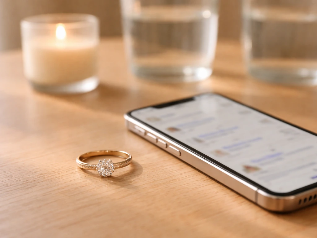 Une bague posée sur une table, à côté d’un smartphone avec écran flou de recherche de lieux/horaires.