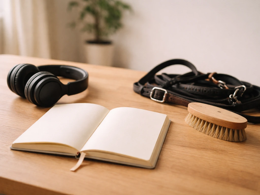 Carnet de routine ouvert sur une table en bois, casque et petit matériel d’équitation posés proprement.