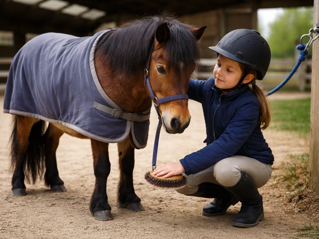 Une fillette de 9 ans panse calmement son premier poney lors d’un cours au club équestre.