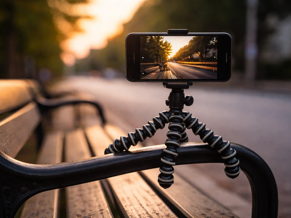 Trépied compact flexible posé sur un banc dehors avec un smartphone pour une pose créative.