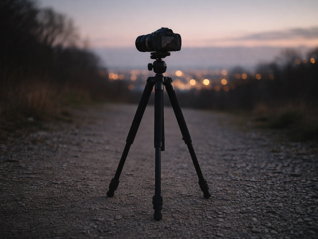 Trépied robuste avec rotule panoramique pour une prise de vue longue exposition au crépuscule, paysage urbain discret.