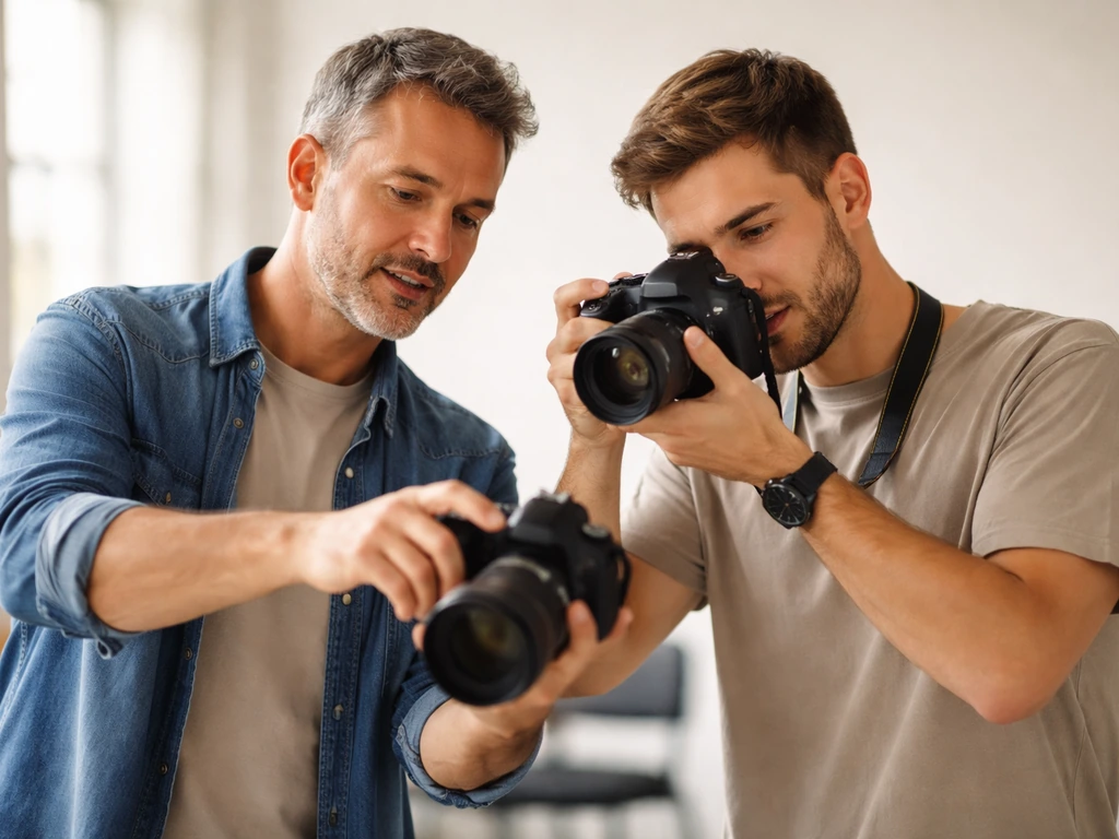 Un formateur et un participant photographient pendant un atelier d’initiation en salle lumineuse en France.
