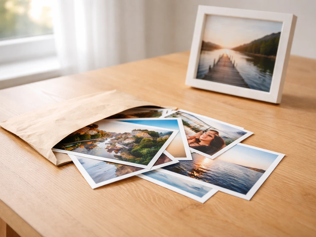 Tirages photo imprimés dans un cadre et une enveloppe kraft, prêts à offrir, lumière naturelle