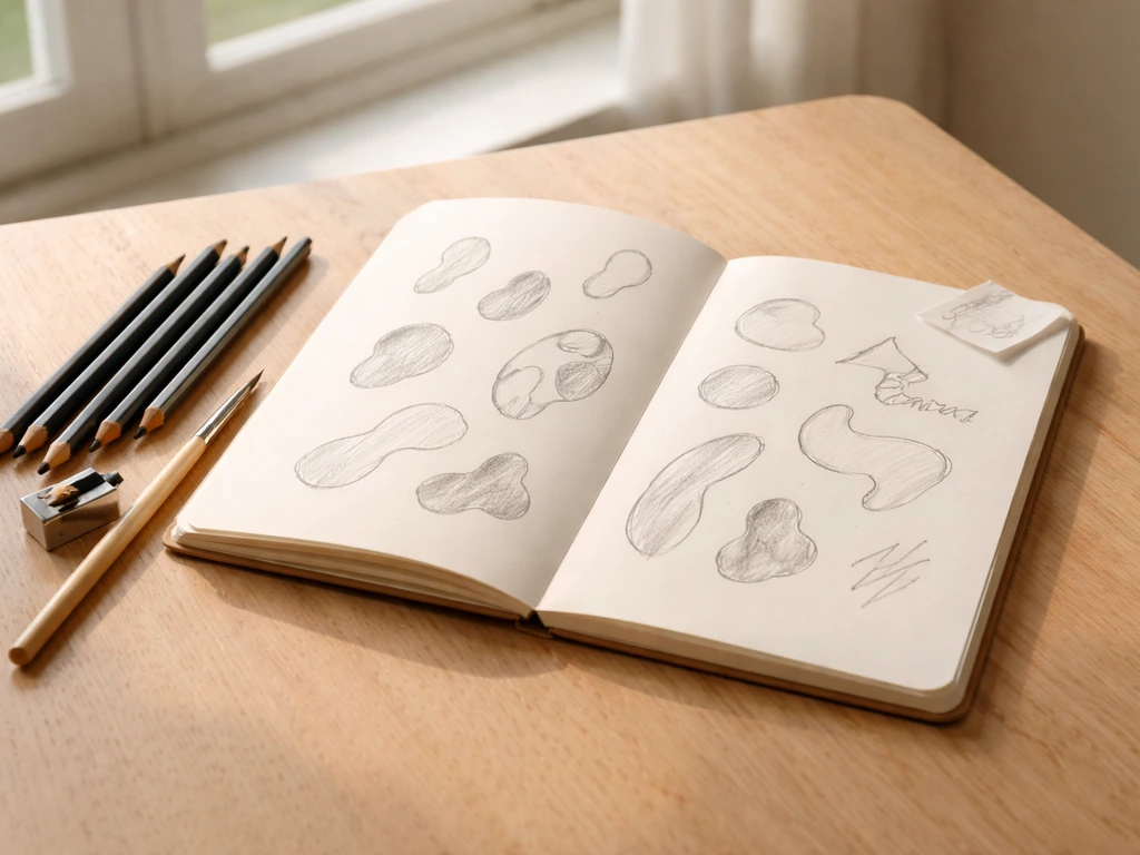 Carnet de création ouvert avec esquisses et crayons, ambiance calme pour débuter comme un artiste en herbe.