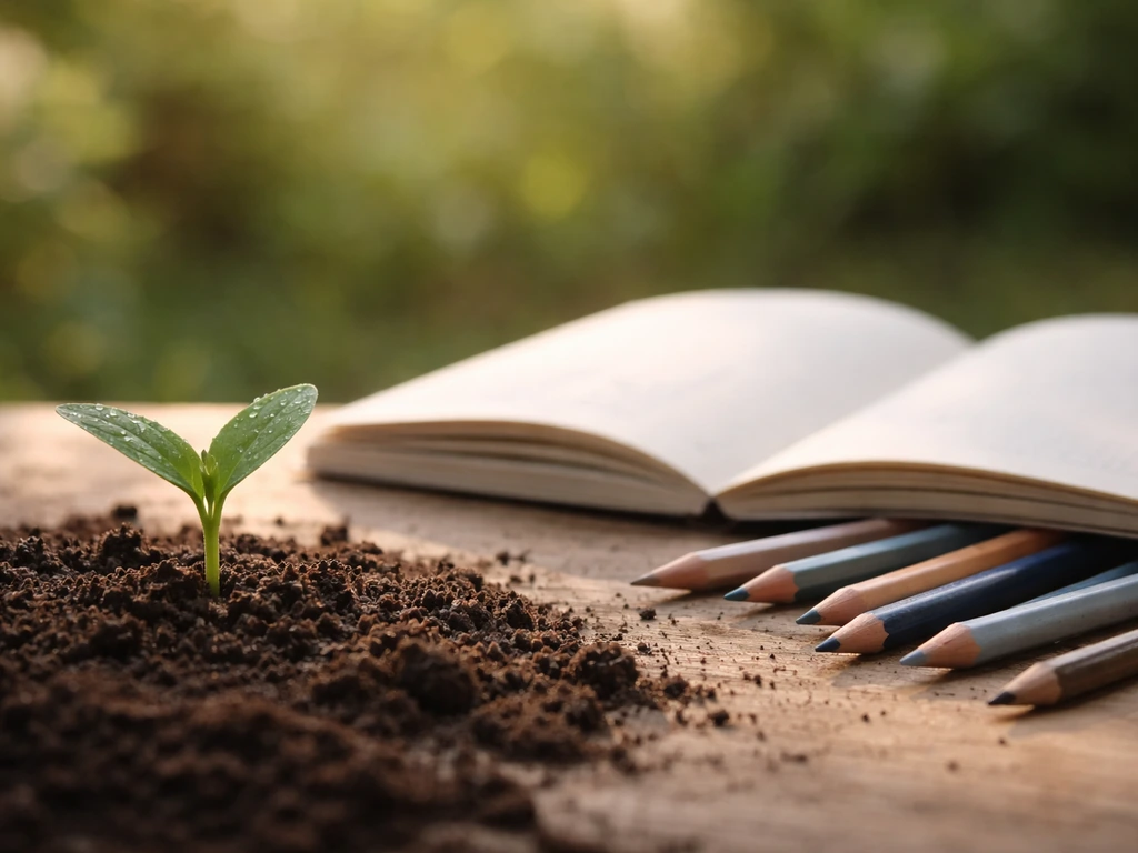 Petite plante en terre fraîche avec traces d’apprentissage artistique près d’un carnet et de crayons, ambiance lumineuse