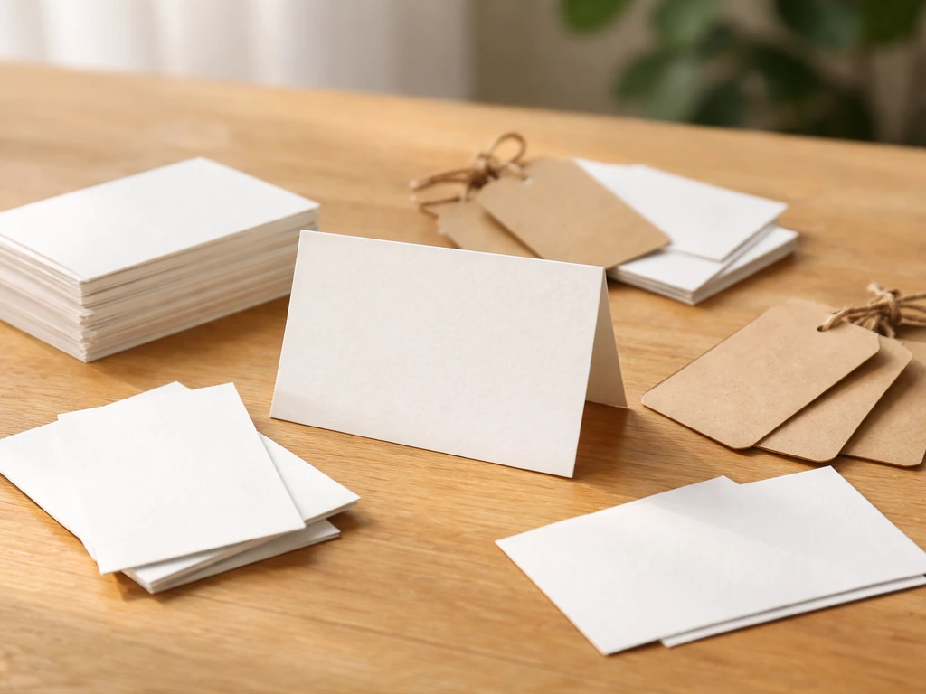 Étiquettes et cartes papier vierges sur une table, composition minimaliste suggérant des synonymes.