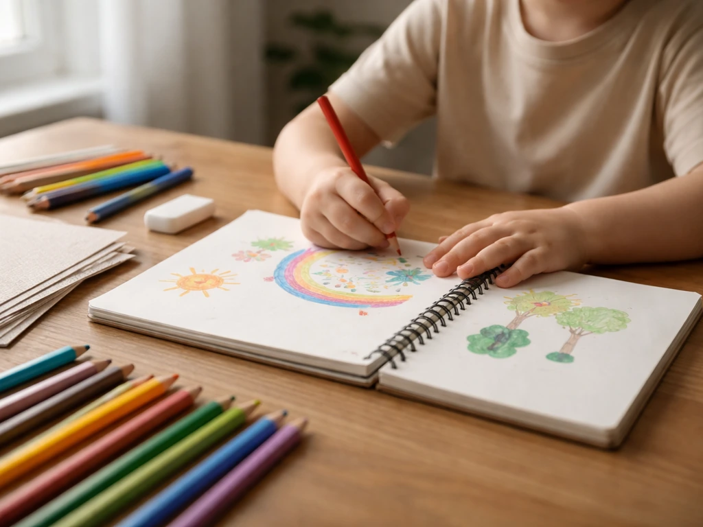 Enfant dans un atelier dessinant dans un carnet avec crayons de couleur et gomme sur une table en bois.