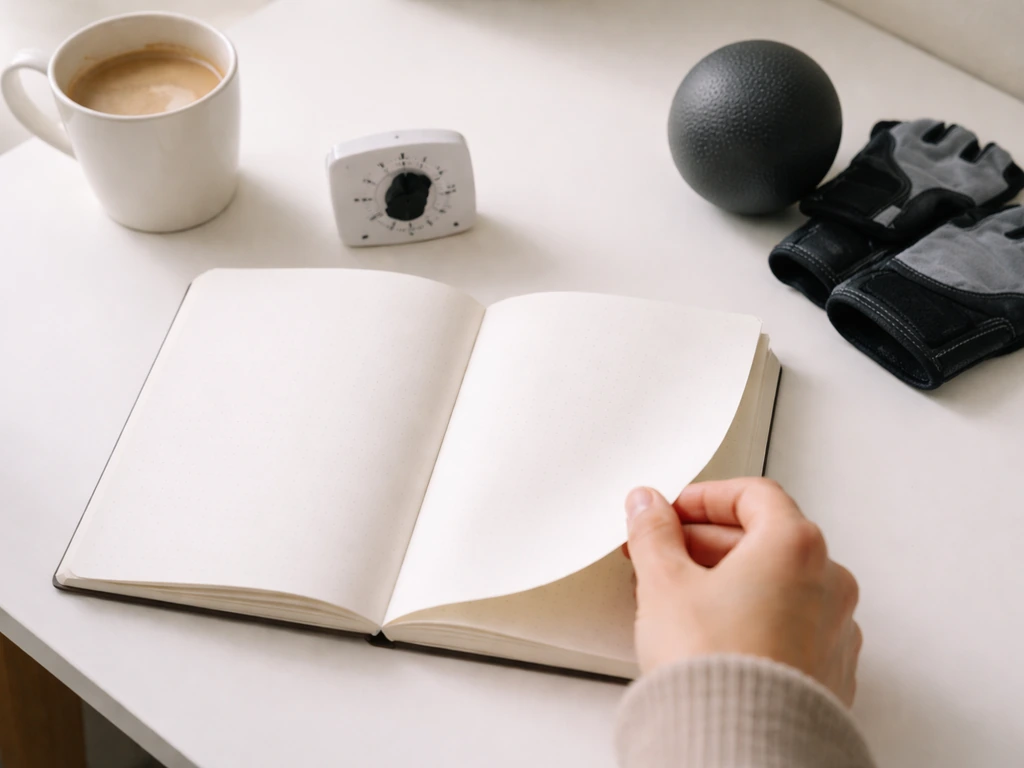 Petit coin de travail : carnet de pratique et minuteur près de matériel, pour planifier une pratique régulière.