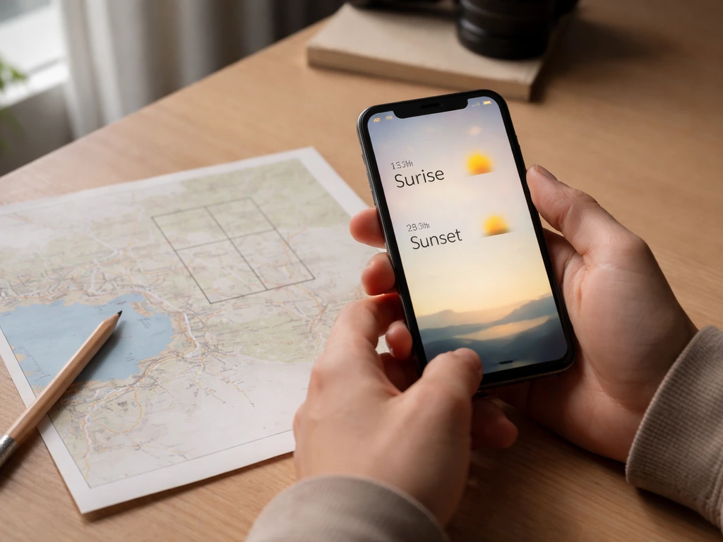 Téléphone et carte pour repérage photo, avec horaires de lumière visibles et croquis discrets sur la table