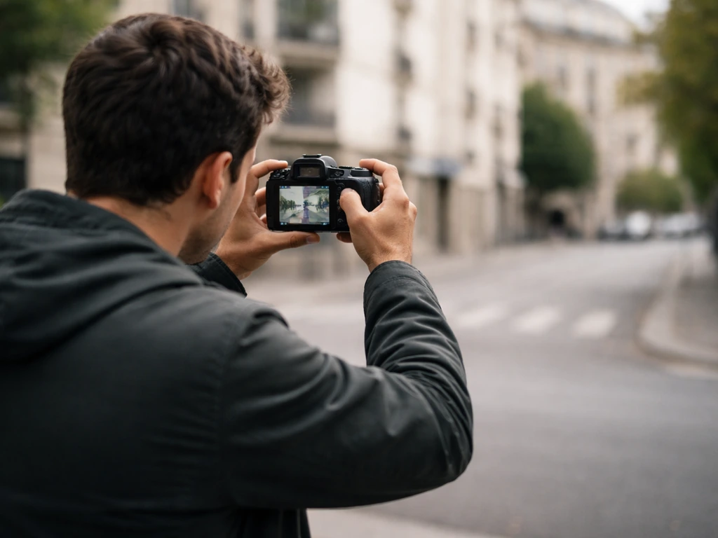Photographe cadrant dehors, grille de tiers subtile visible sur l’appareil, direction vers la rue.