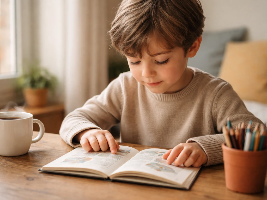 Un enfant lit et décode un petit livre illustré, concentré, à une table près d’une fenêtre, lumière naturelle.