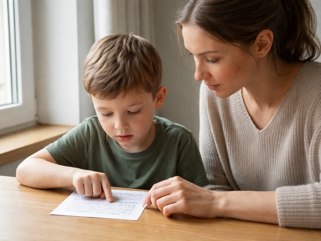 Adulte et enfant à une table, test de lecture d’une feuille courte avec marques discrètes de repérage.
