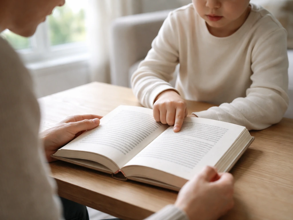 Adulte et enfant à la maison, le doigt de l’enfant suit le texte pendant la lecture partagée