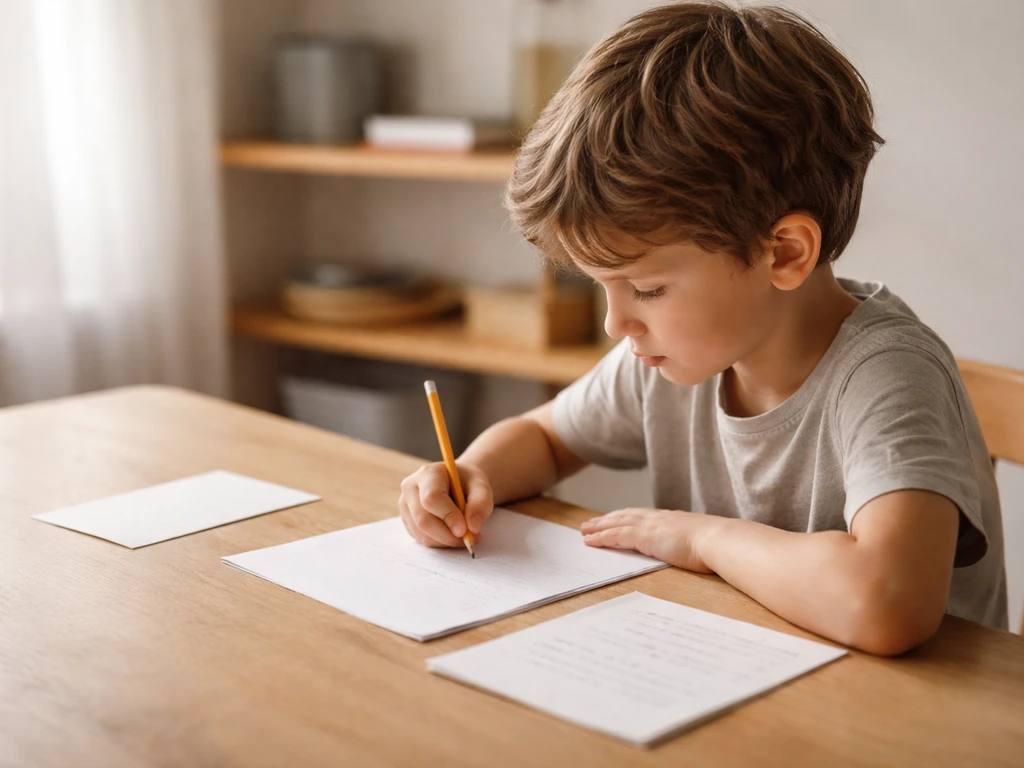 Un enfant écrit un résumé sur une feuille, un adulte pose une question ouverte à table, ambiance calme.