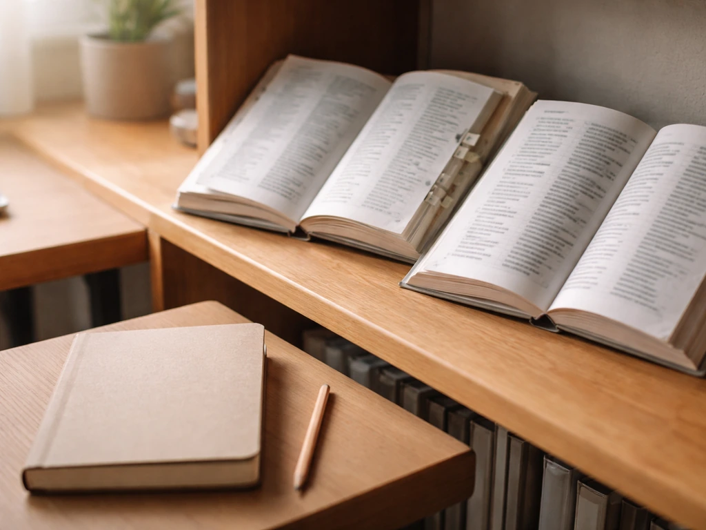 Gros plan sur des livres ouverts et un carnet de notes sur une étagère, pour aider à l’écriture.