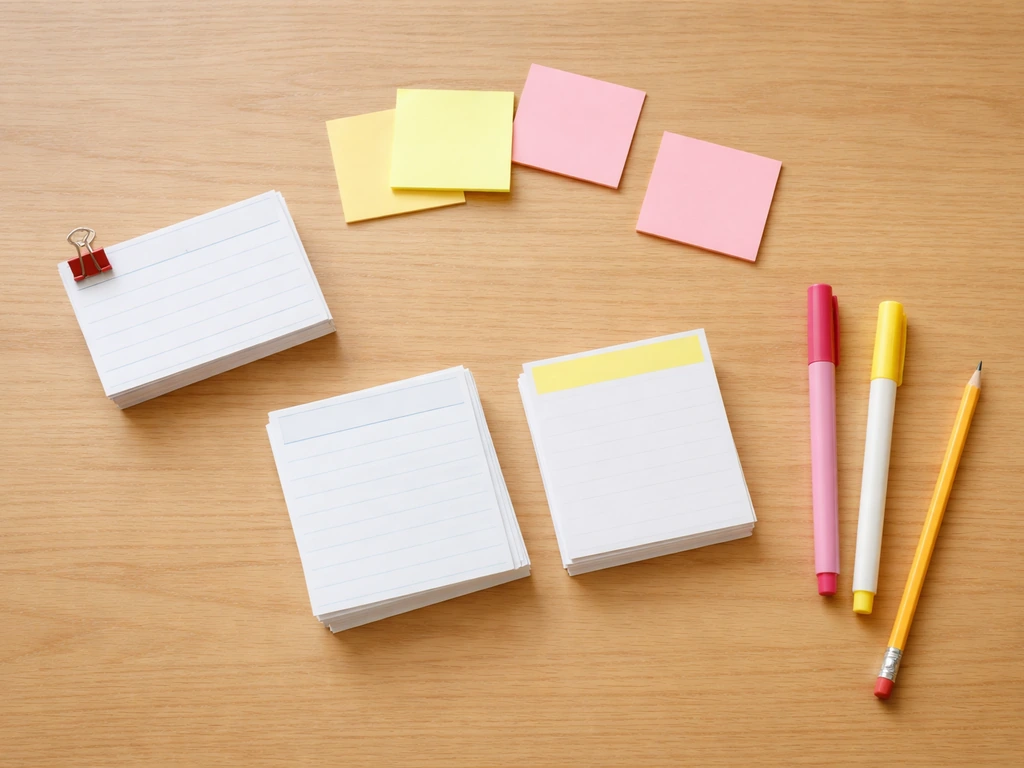 Table d’écriture avec Post-it, feutres et mini-fiches bristol pour créer un mini-dictionnaire personnel.