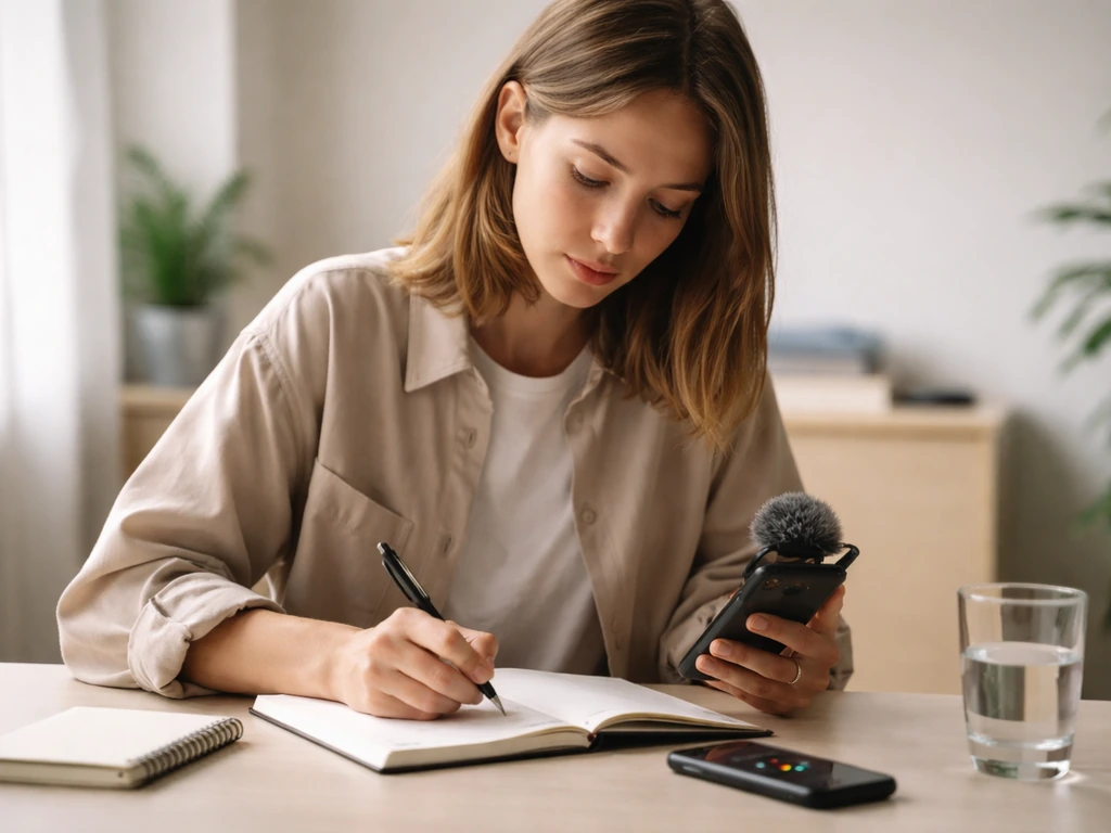 Jeune en mode journaliste écrit dans un carnet et enregistre une interview sur smartphone, bureau discret.