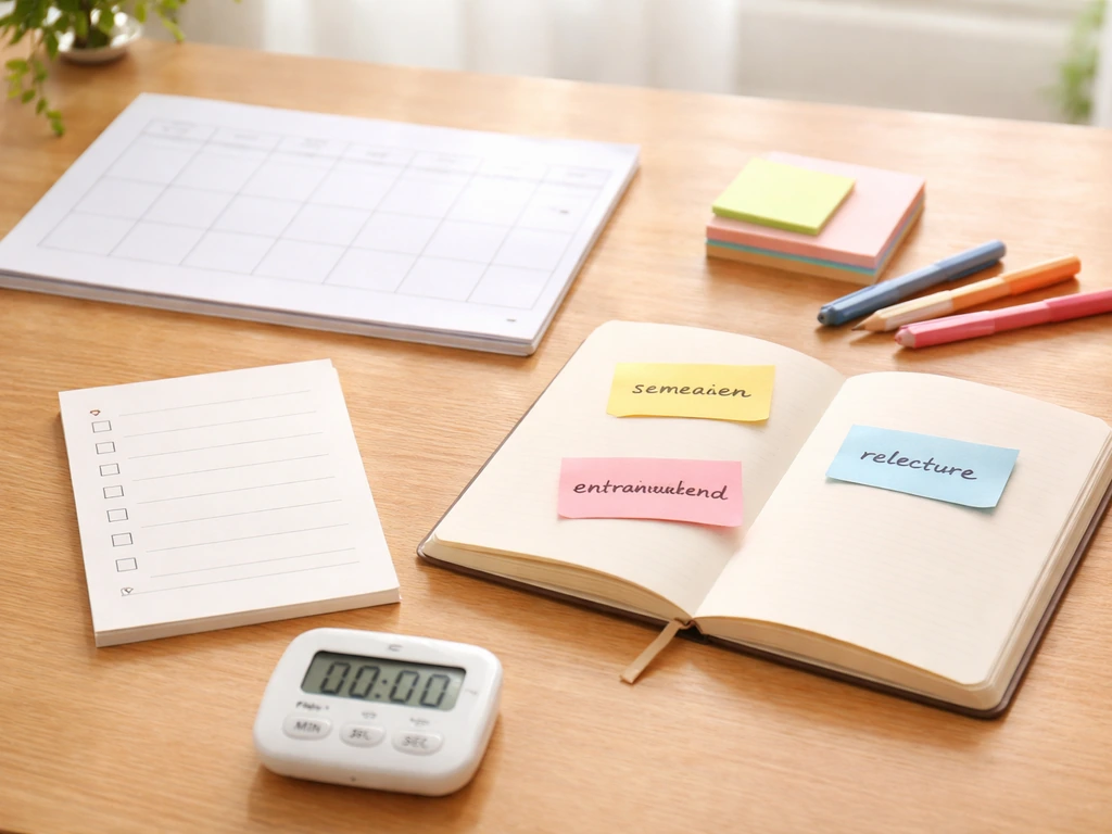 Table de travail avec calendrier vierge, post-it « semaine », « entraînement », « relecture », check-list et stylos.
