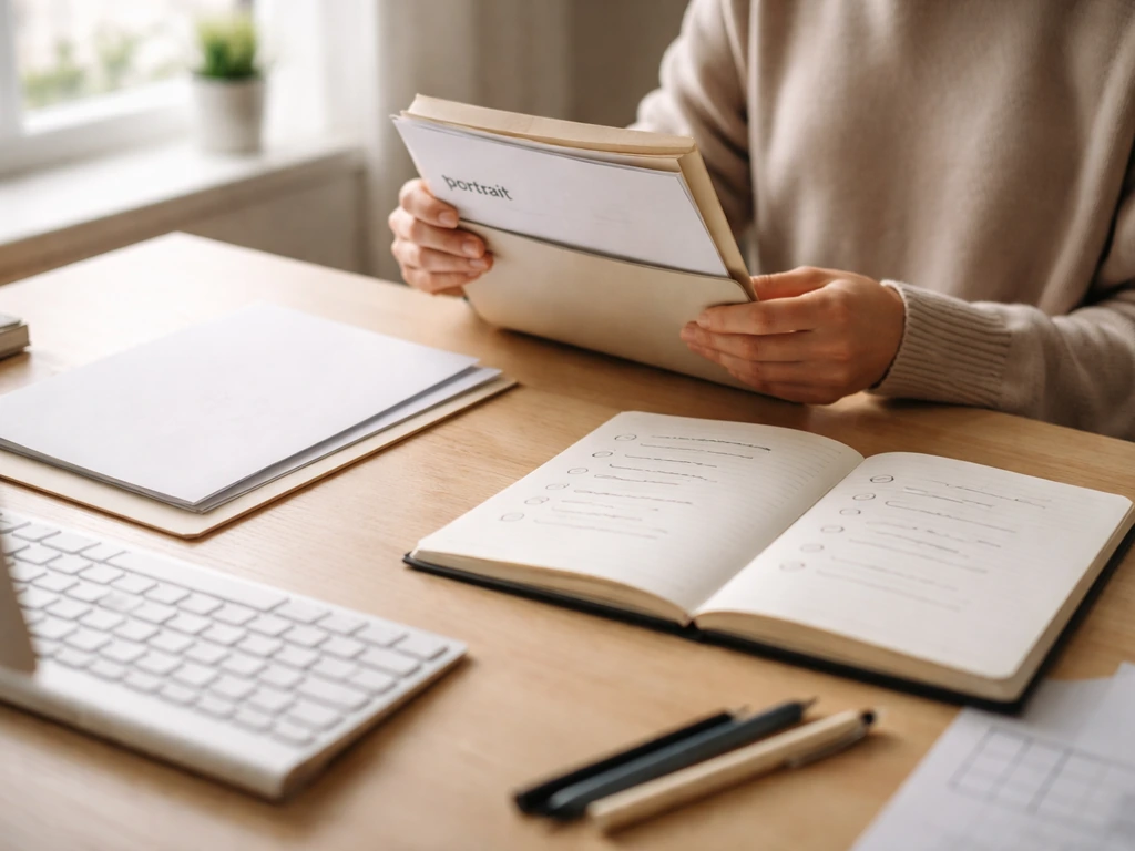 Clavier et carnet de notes sur un bureau, préparation d’un dossier écrit, lumière naturelle.