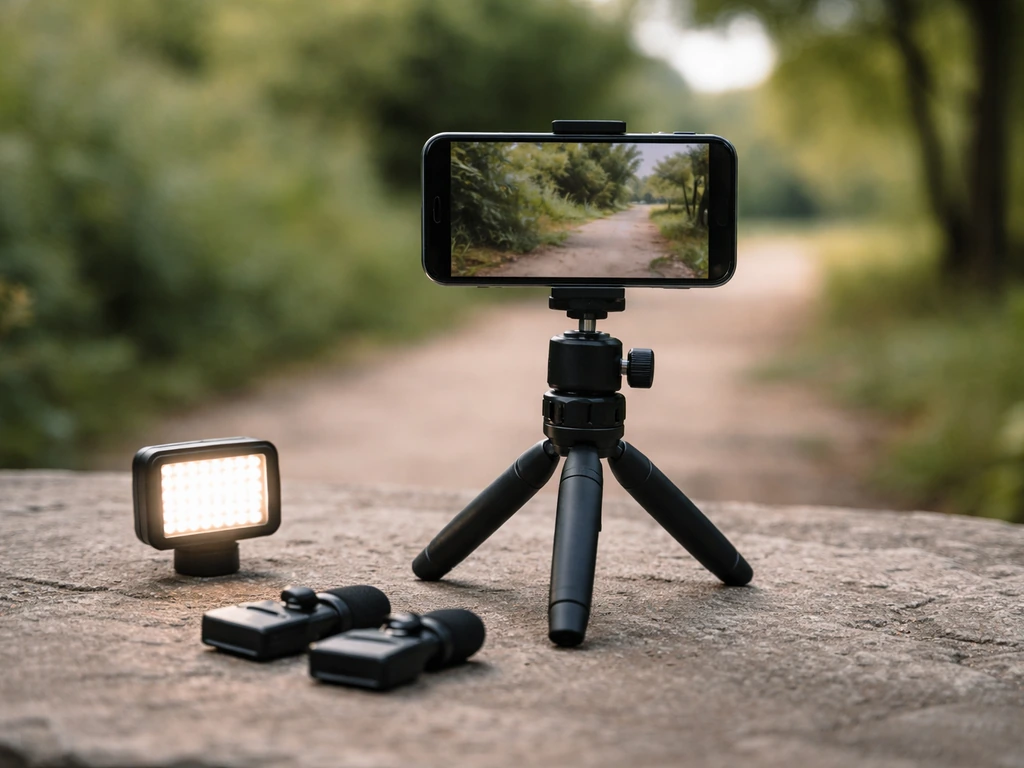 Smartphone sur trépied filmant un sujet sur le terrain, micro-cravate et mini-éclairage en arrière-plan.