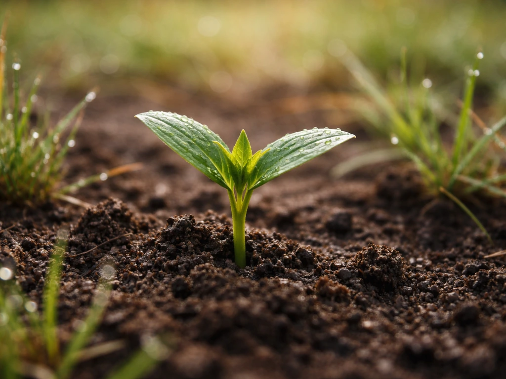 Jeune pousse verte dans la terre, vue rapprochée, symbole de croissance avant la floraison.