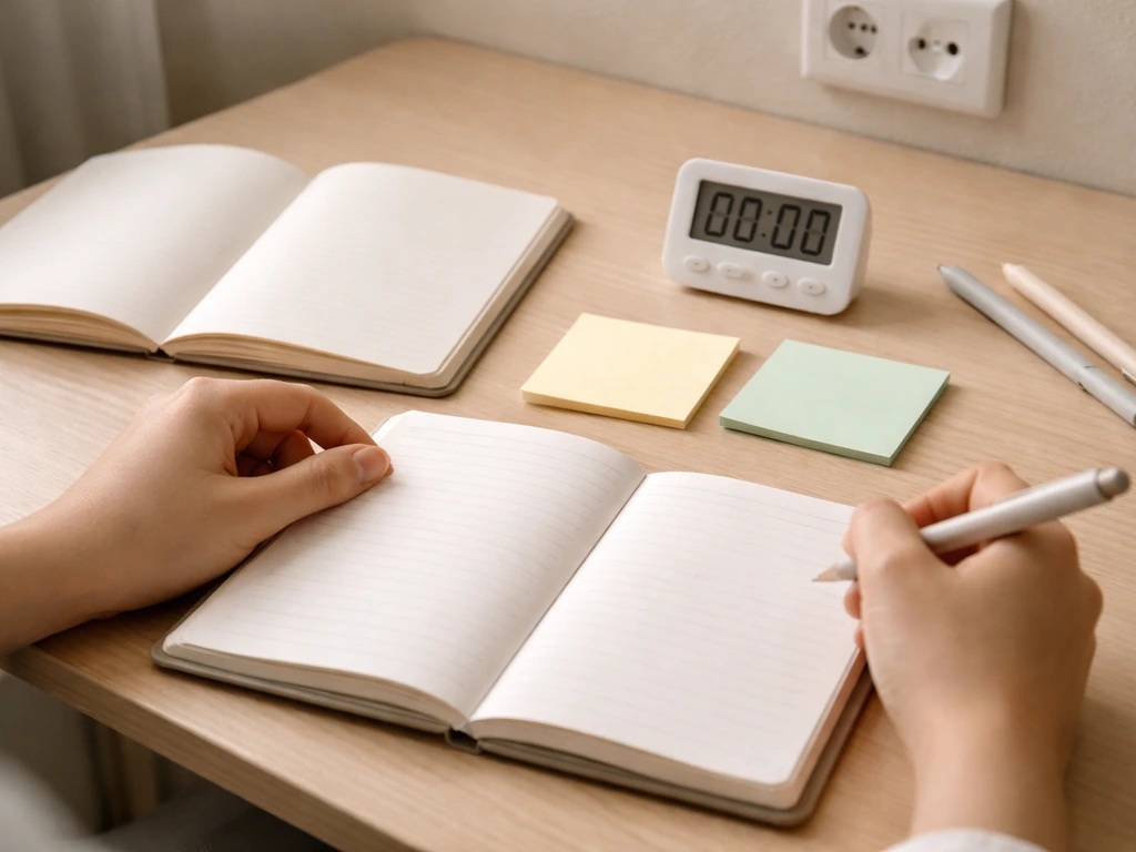 Plan de travail minimal : post-it, agenda ouvert et minuteur sur un bureau, pour démarrer une pratique dès aujourd’hui.