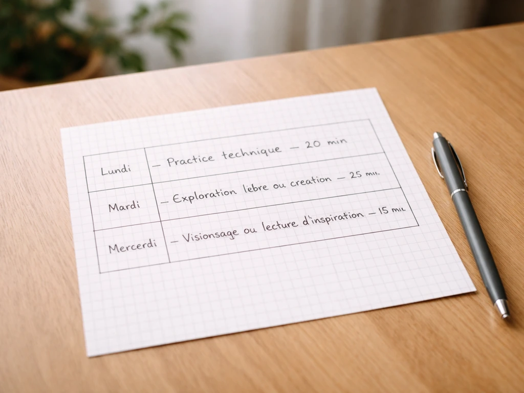 Feuille de planning hebdomadaire sur une table en bois, grille lisible et stylo à côté.