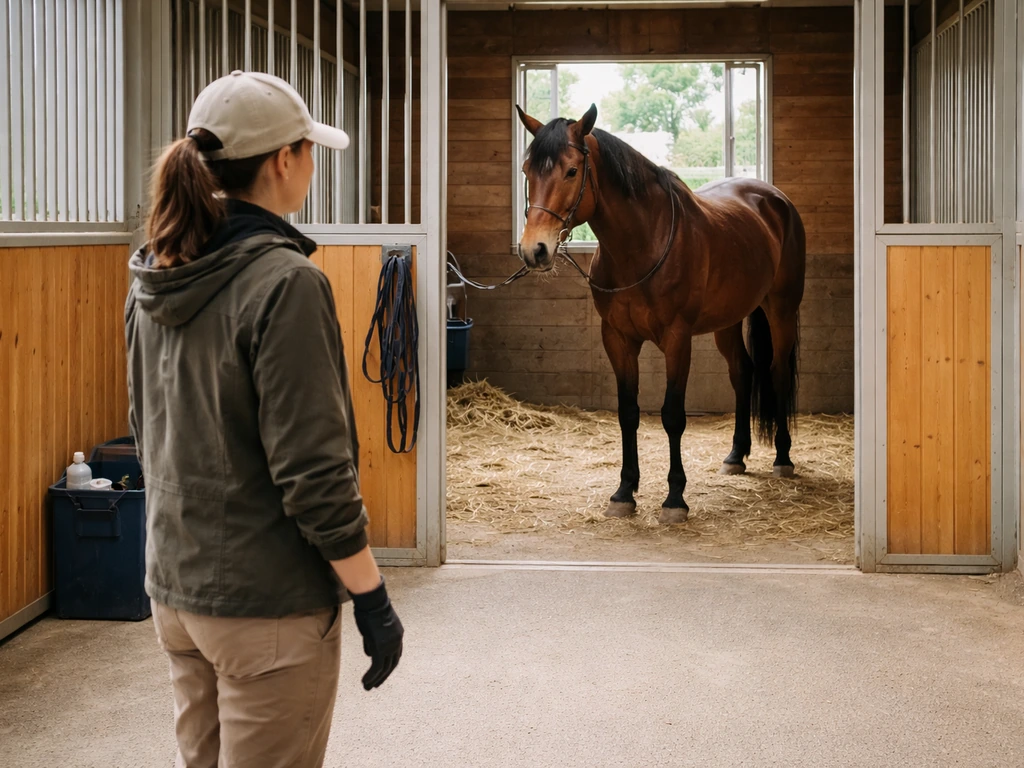 Un cheval calme dans un paddock et un soigneur à distance, posture prudente avant manipulation.