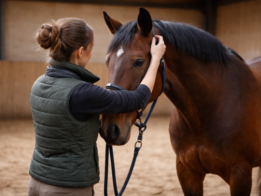 Cavalier en tenue d’écurie ajuste un licol sur un cheval calme, en conduite en main au calme