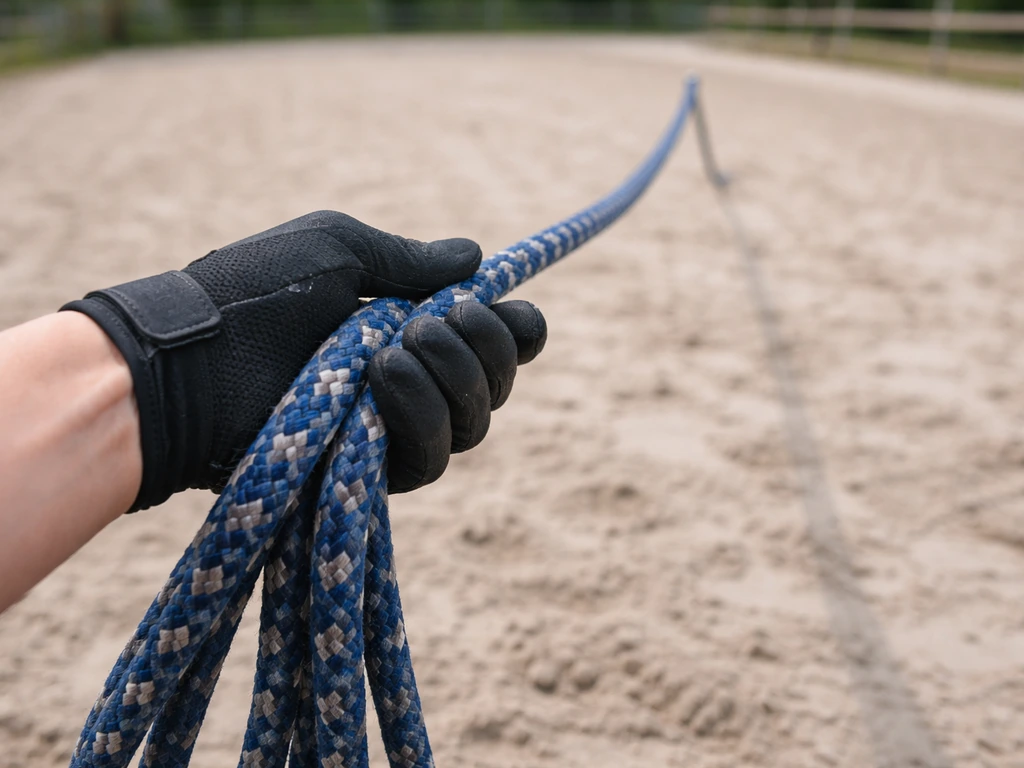 Main gantée tenant une longe de cheval, corde non enroulée, sur un terrain équestre sableux.