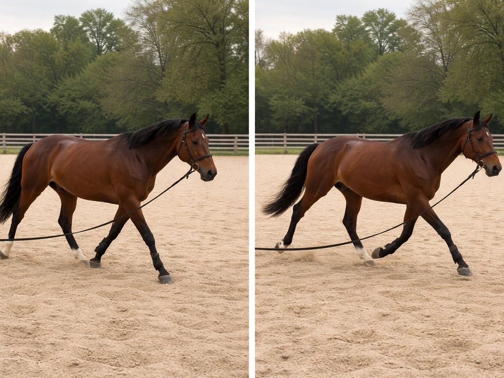 Cheval attentif en extérieur, transition fluide pas et trot sur la longe, ambiance calme