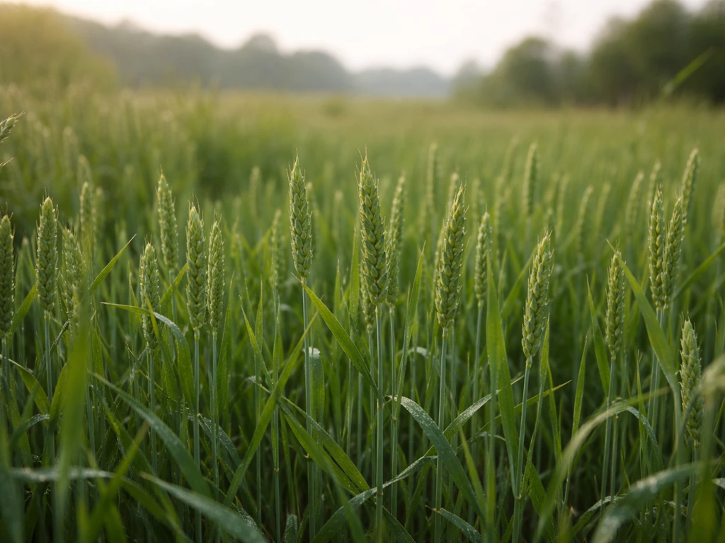 Jeunes pousses de blé vert avec épis non mûrs, lumière du matin, ambiance champ calme et minimaliste.