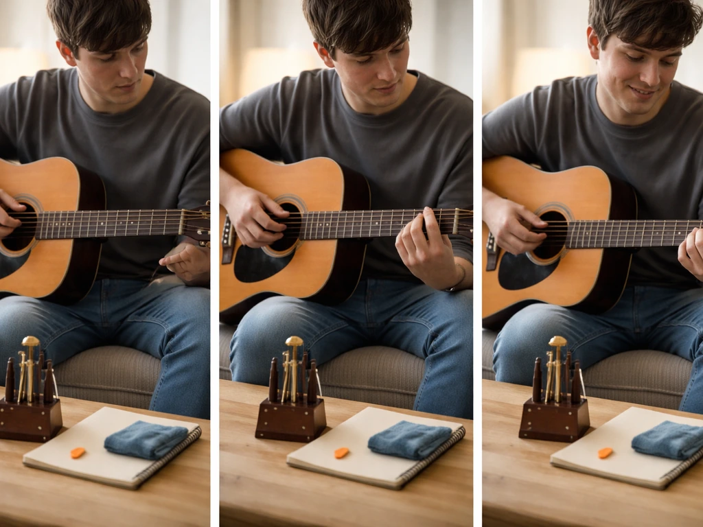 Guitare et mains d’un débutant : progression simple sur quelques accords, scène lumineuse et minimaliste.