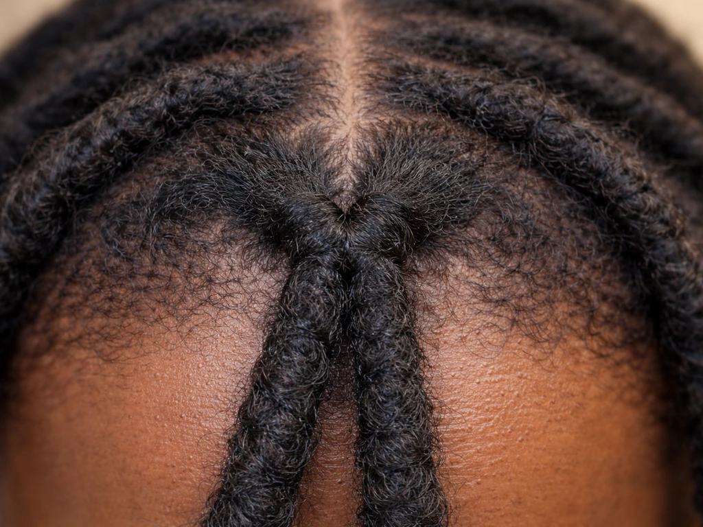 Close-up of healthy reattached locs with a visible junction at the base, showing continued growth potential.