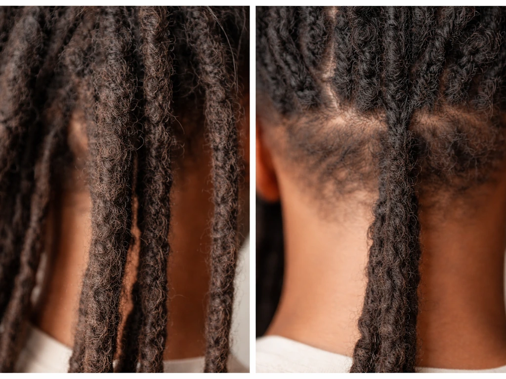 Two side-by-side closeups of locs: new root emergence at the base vs natural length growth.