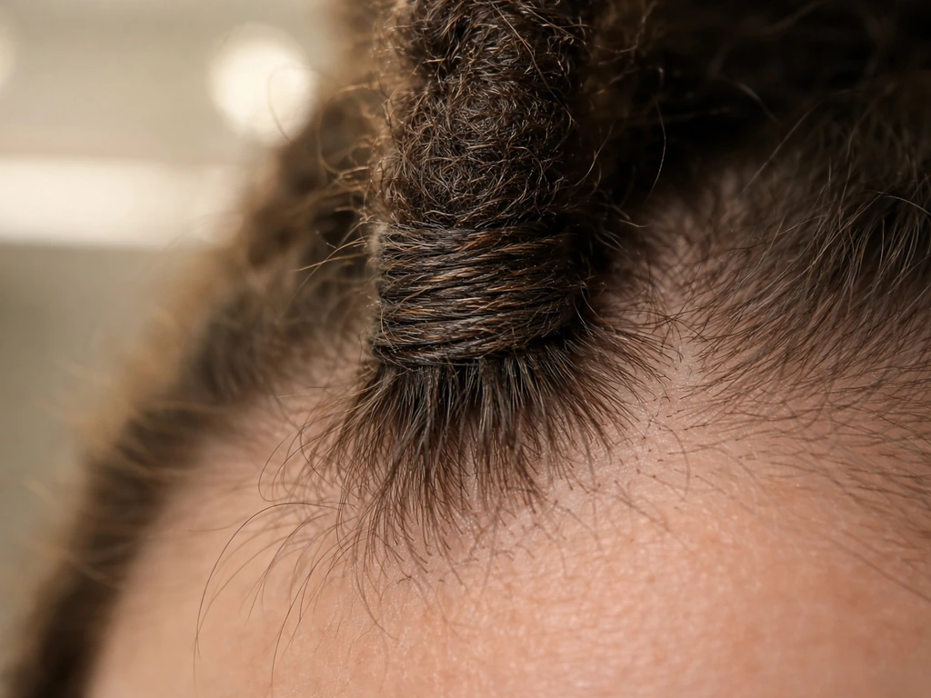 Macro closeup of a reattached dreadlock base with new strands emerging near the scalp line.