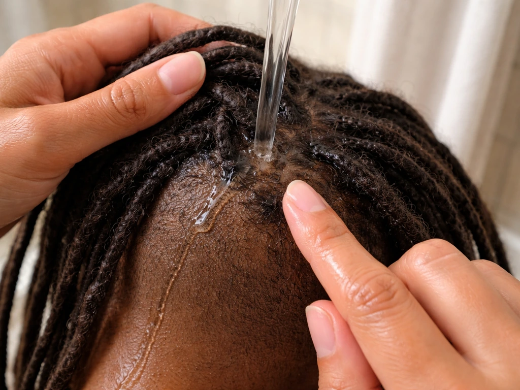Hands rinsing and gently moisturizing a small section of locs at the scalp with no product buildup