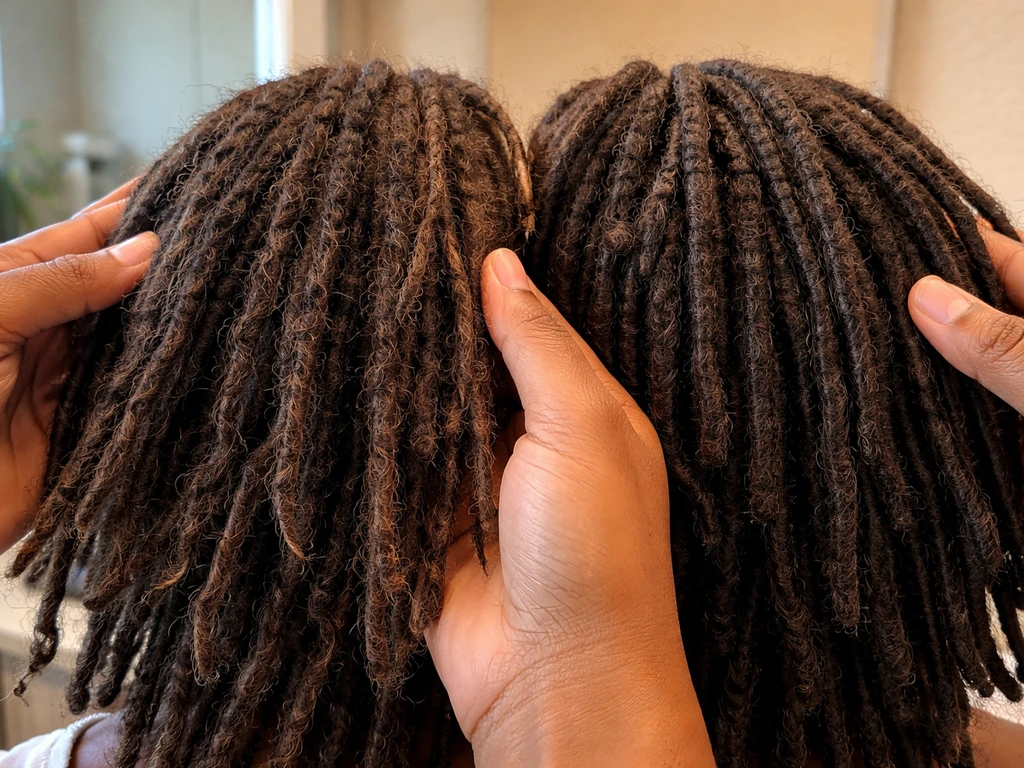 Hands comparing fresh starter locs with more formed locs, showing less unraveling as they mature.