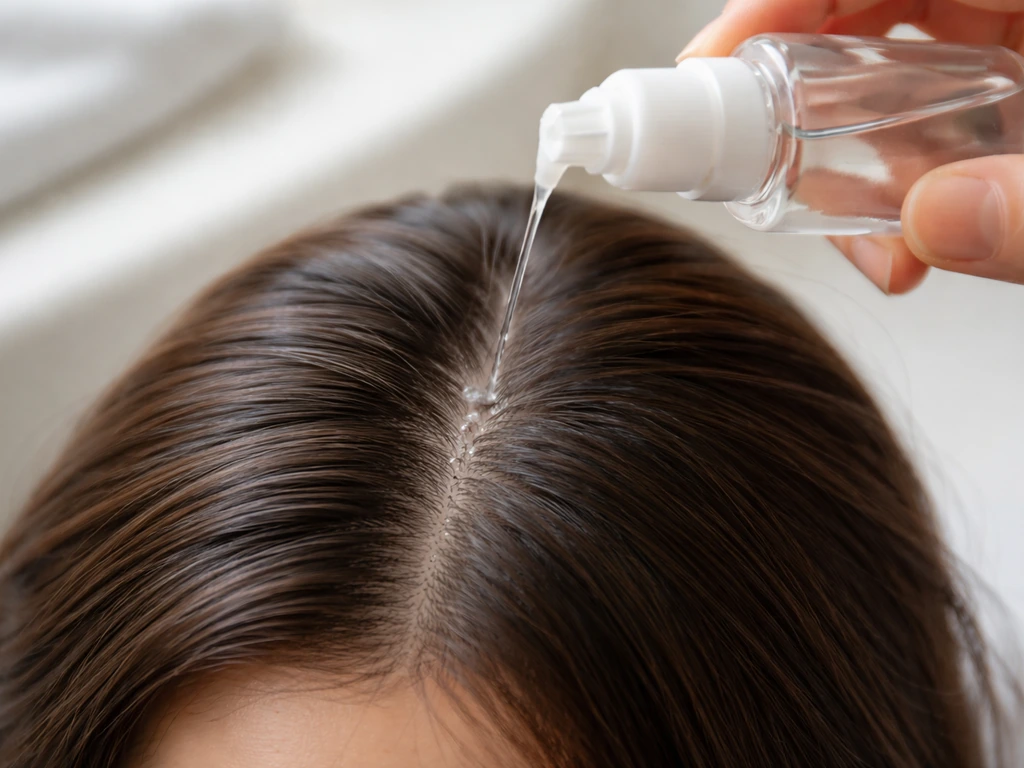 Light, residue-free scalp washing setup with clean bottle, water, and a clear parting view