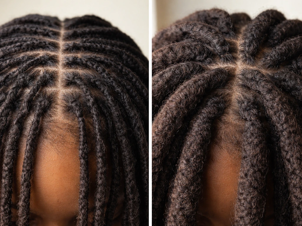 Side-by-side close-up of thin vs thicker dreadlocks showing different root tension and spacing.