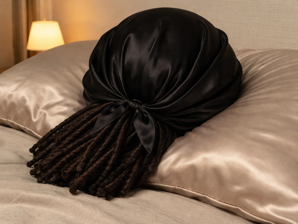 Locs tucked under a satin bonnet and resting on a satin pillowcase for low-friction end protection.