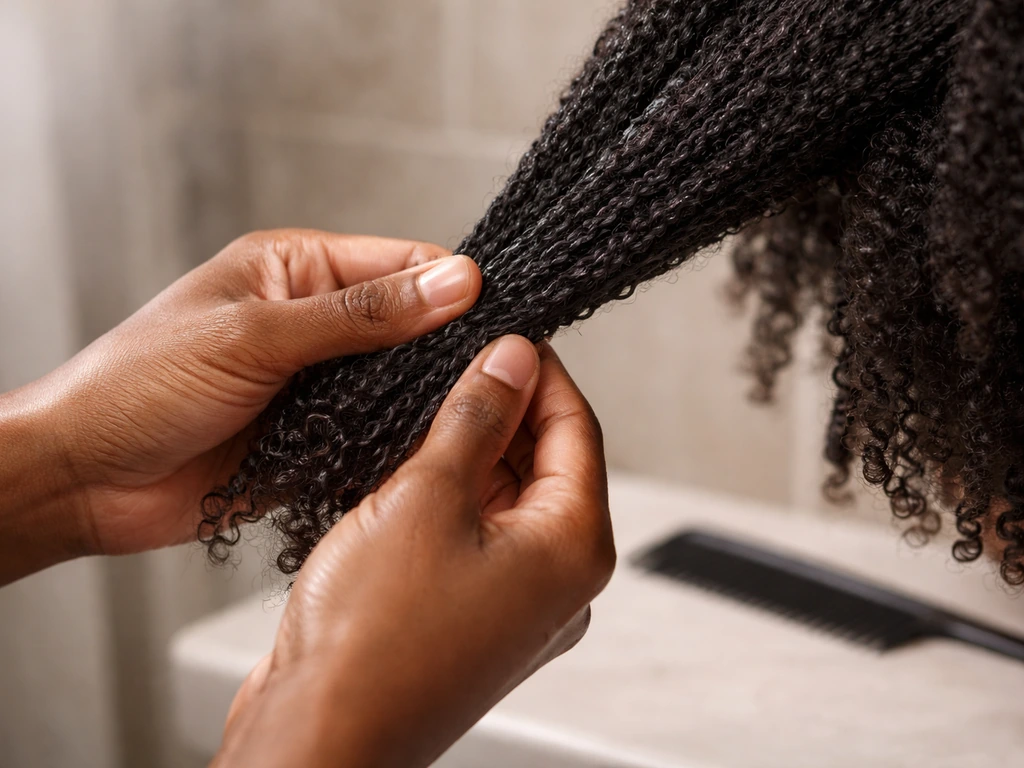 Close-up of hands smoothing leave-in on detangled hair, ends-to-roots for braiding prep.