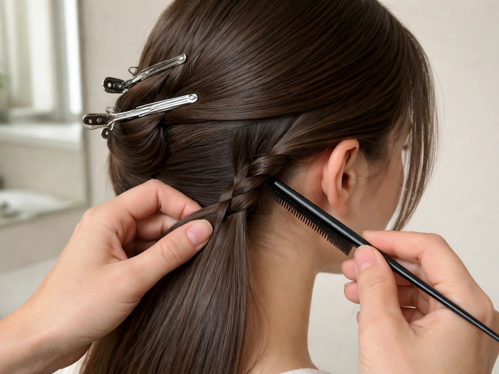 Hands use a rat-tail comb and clips to start a low-tension braid behind the right ear.