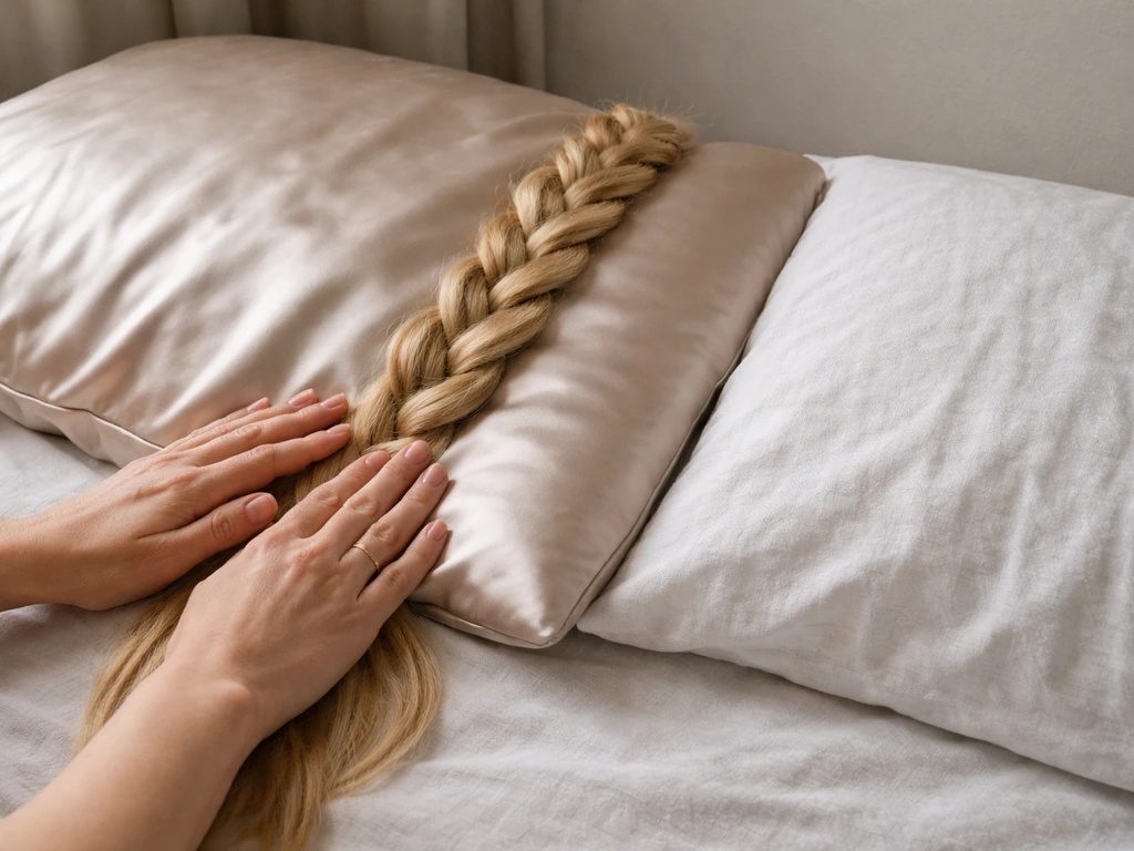 Braided hair laid flat on a satin pillowcase, with cotton pillowcase beside it for less friction at sleep.